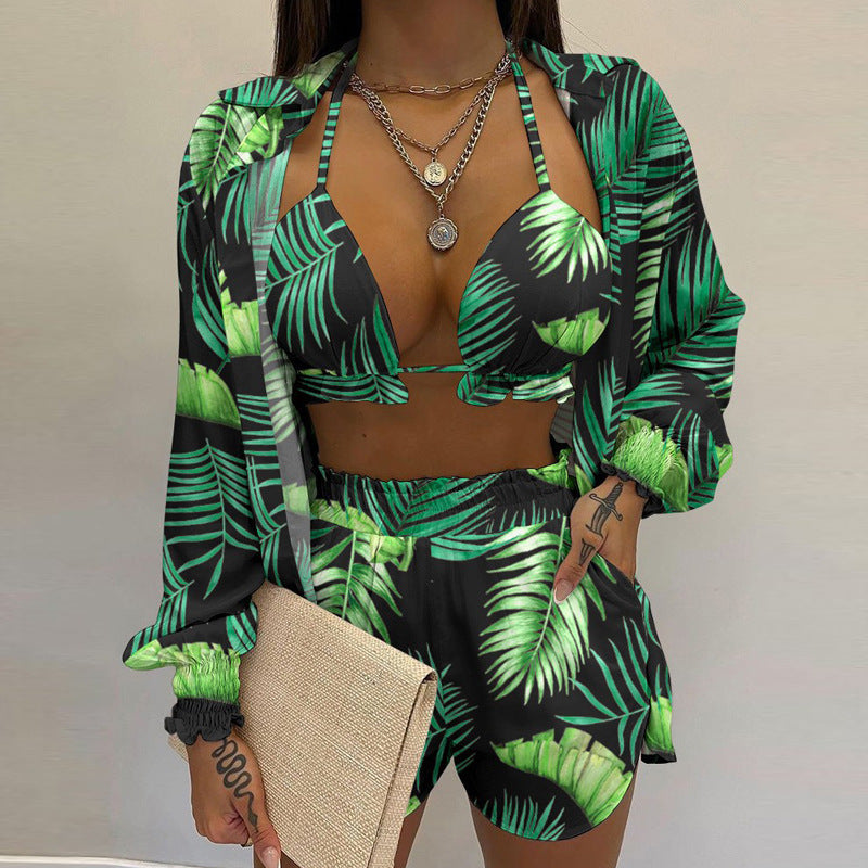 Sexy printed long-sleeved shirt and shorts three-piece suit kakaclo