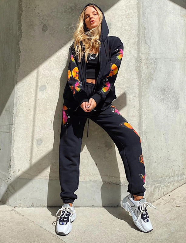 Colorful Butterfly Print Trousers Casual Hooded Sweatshirt Set