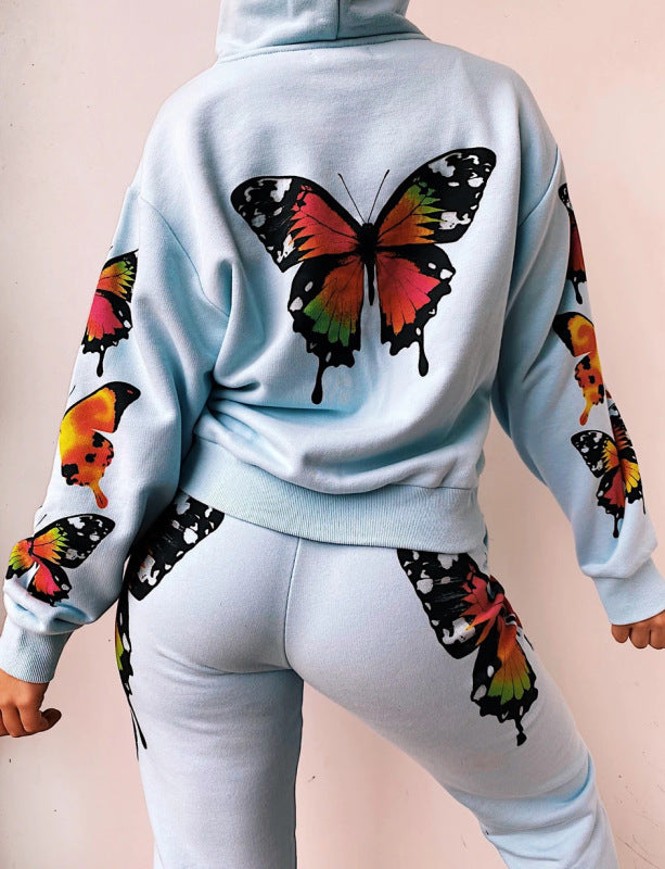 Colorful Butterfly Print Trousers Casual Hooded Sweatshirt Set