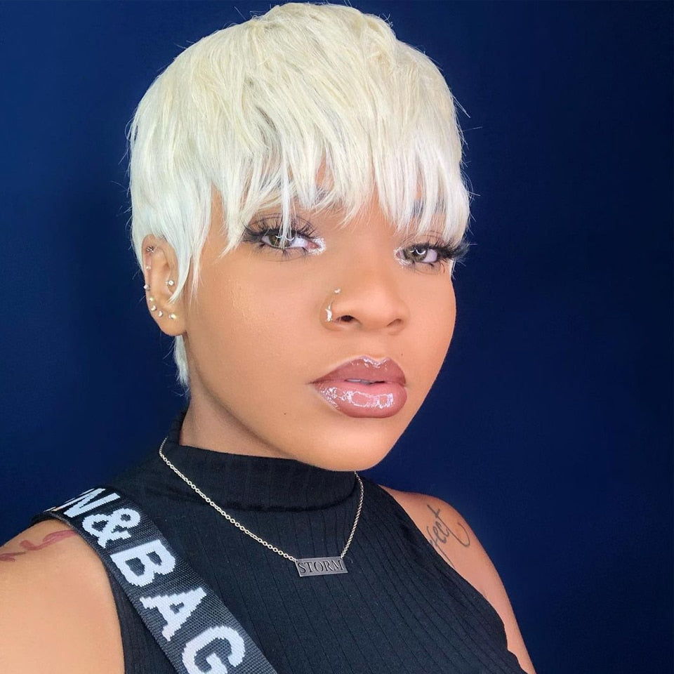 613 Honey Blonde Color Short Bob Straight With Bangs Brazilian Virgin Hair Pixie Cut Human Hair Wig Lola’s Hidden Gem