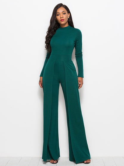 Long Sleeve Mock Neck Wide Leg Jumpsuit Trendsi