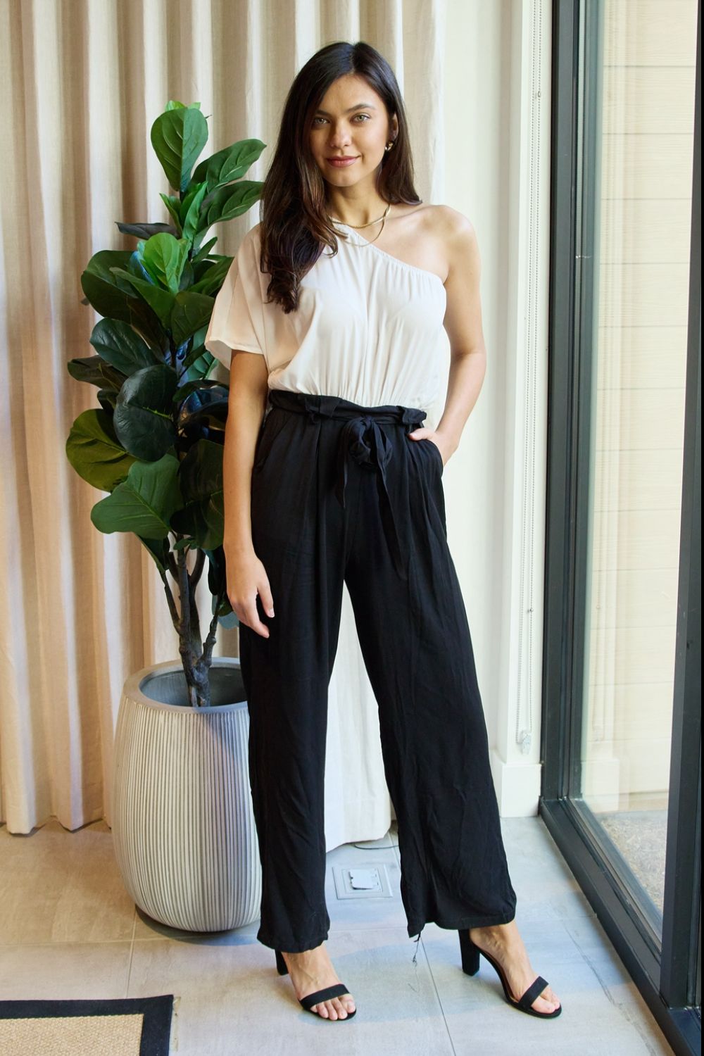 Marvelous in Manhattan One-Shoulder Jumpsuit in White/Black Trendsi