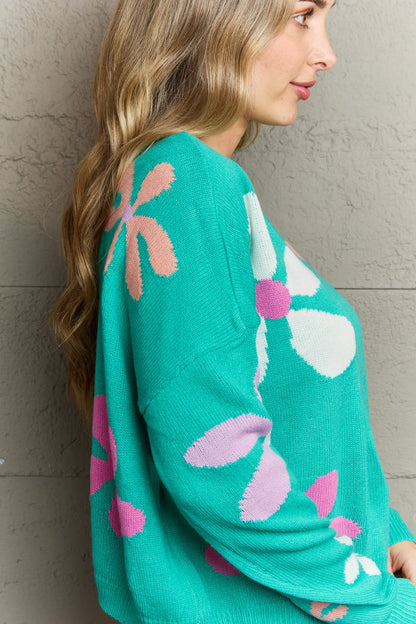 Floral Dropped Shoulder Ribbed Trim Sweater