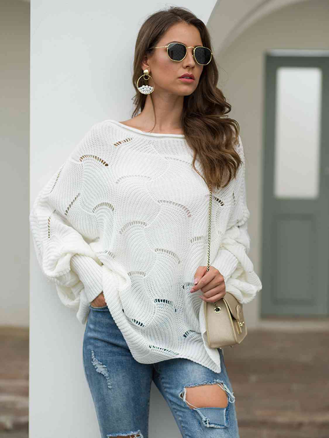 Boat Neck Lantern Sleeve Openwork Knit Top