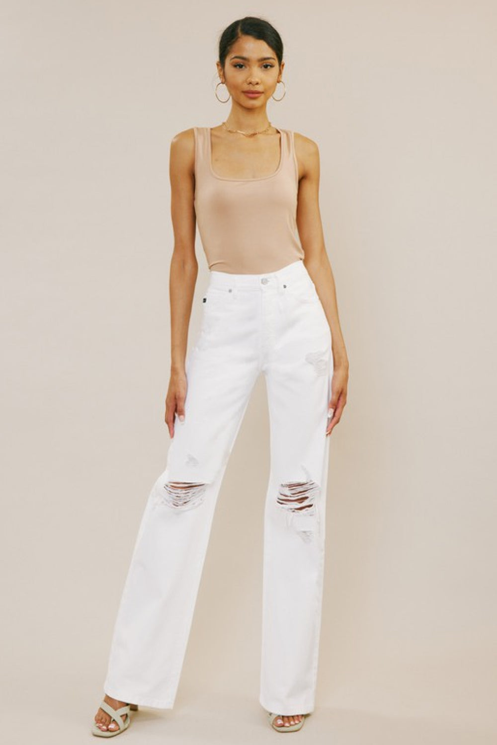 High Rise Distressed Flare Jeans - White Trendsi