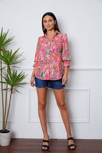 Floral Button Up Flounce Sleeve Shirt