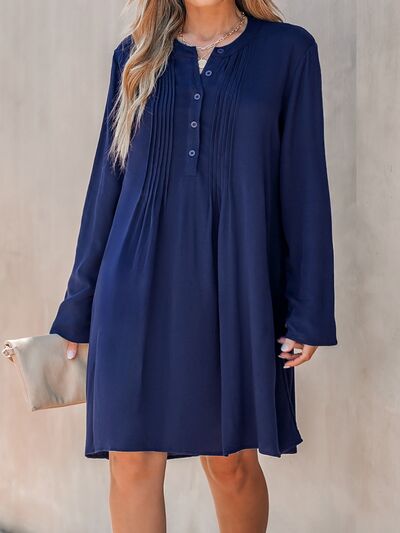 Plus+ Pleated Half Button Round Neck Dress