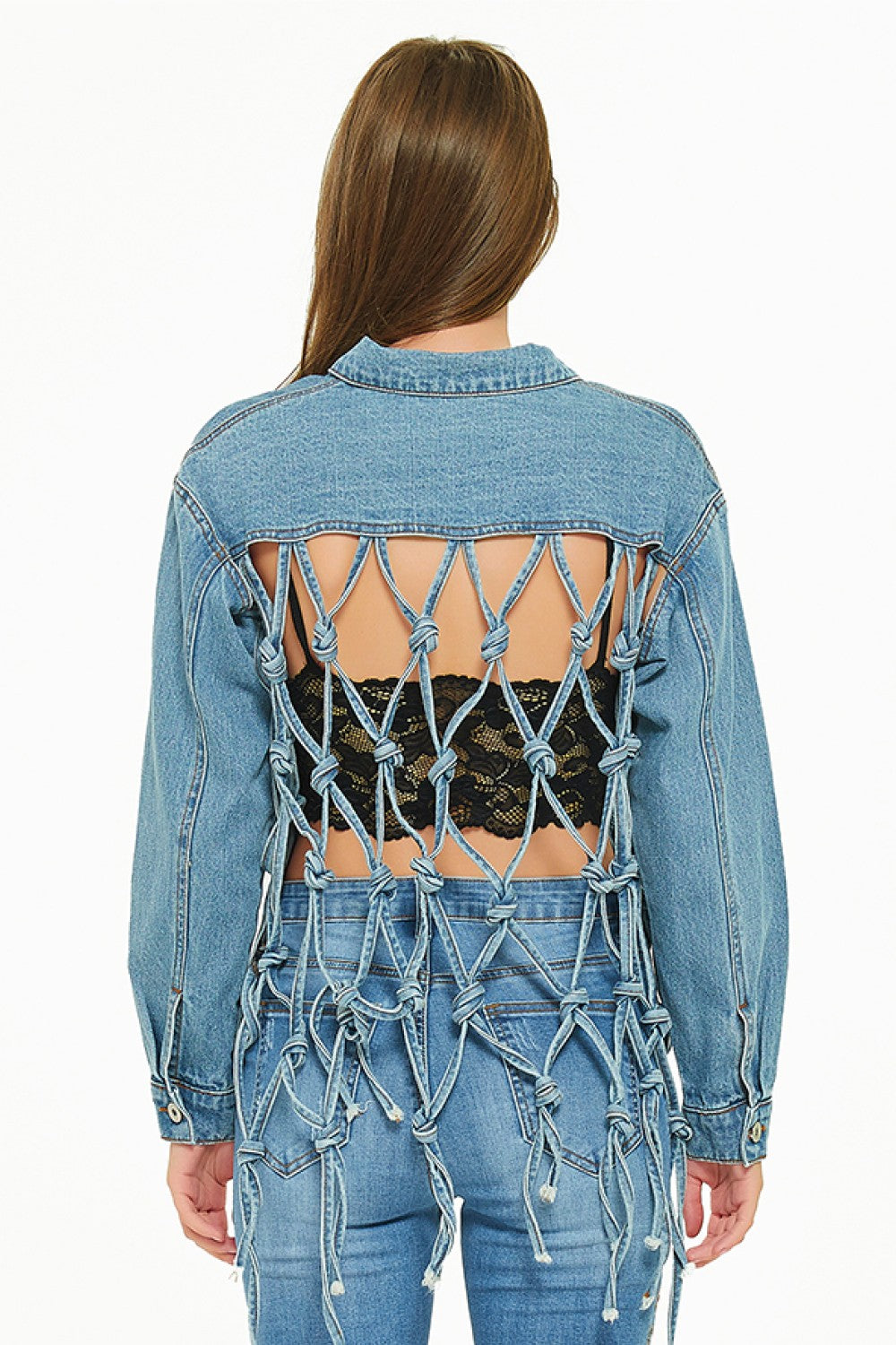 Cutout Back Tassel Denim Jacket Trendsi