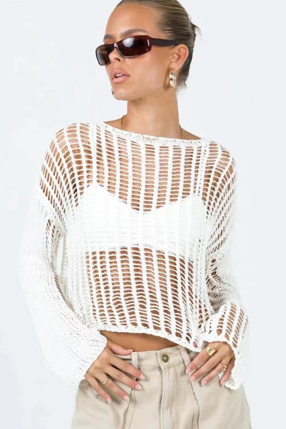 Openwork Boat Neck Long Sleeve Top Trendsi