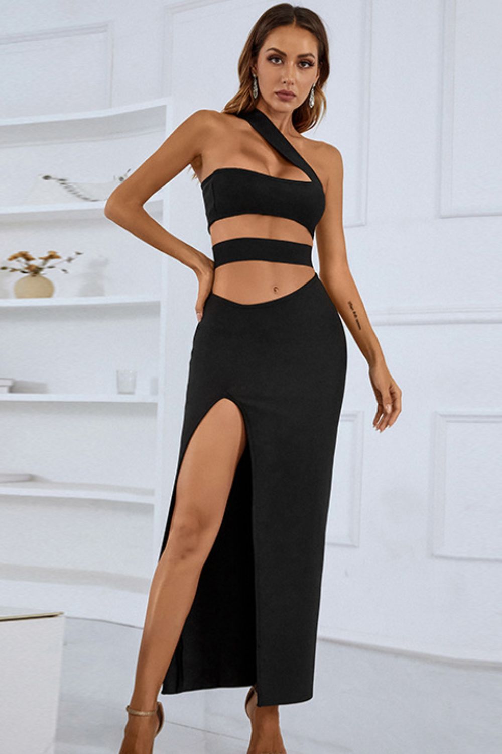 One-Shoulder Cutout Front Split Maxi Dress Trendsi