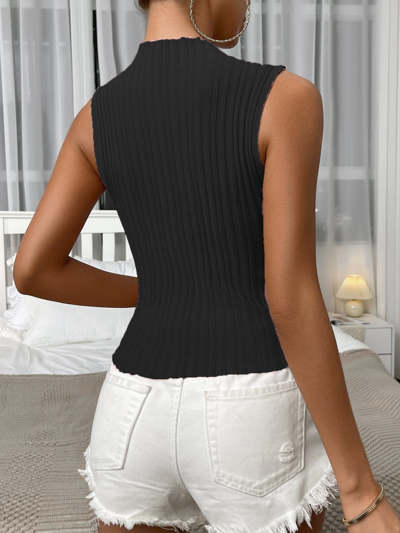 Mock Neck Ribbed Knit Tank Trendsi