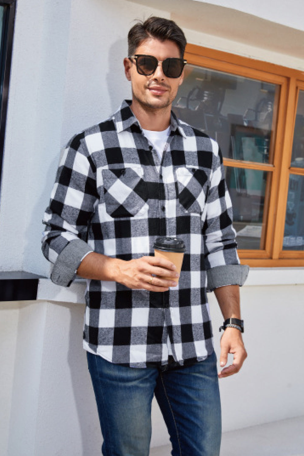 Men's Plaid Button Front Long Sleeve Shirt with Breast Pockets Trendsi