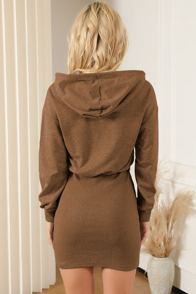 Half Zip Drawstring Hooded Mini Dress