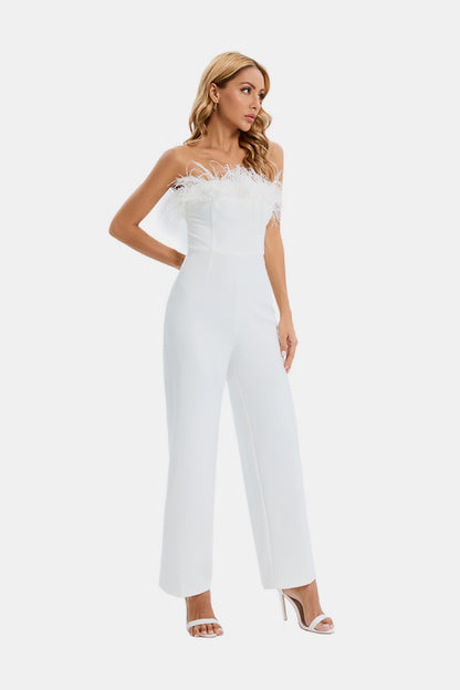 Feather Detail Strapless Jumpsuit Trendsi