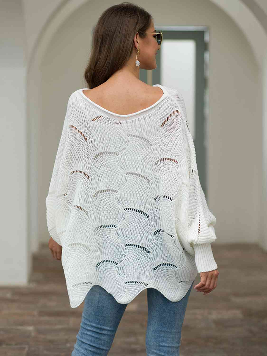 Boat Neck Lantern Sleeve Openwork Knit Top