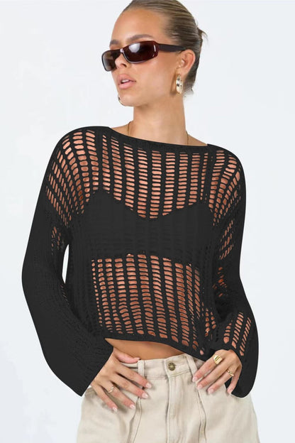 Openwork Boat Neck Long Sleeve Top Trendsi