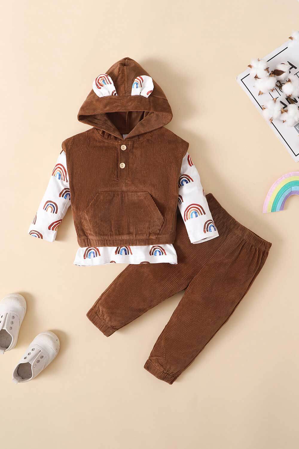 Baby Boy Rainbow Top, Hooded Vest, and Joggers Set Trendsi