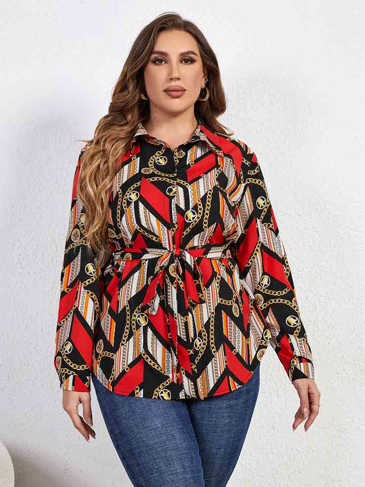 Plus+ Printed Collared Neck Tie Waist Long Sleeve Shirt