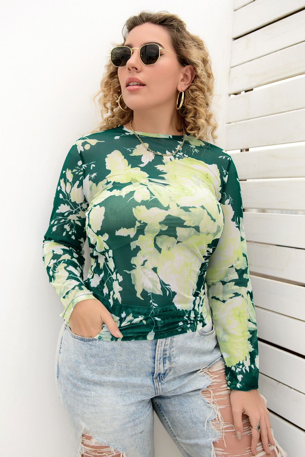 Gem Plus+ Printed Round Neck Long Sleeve Blouse