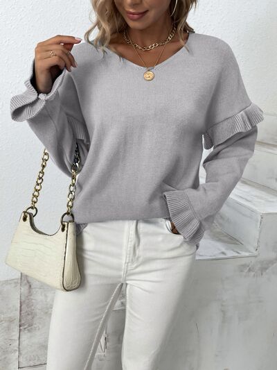 Ruffled V-Neck Dropped Shoulder Sweater