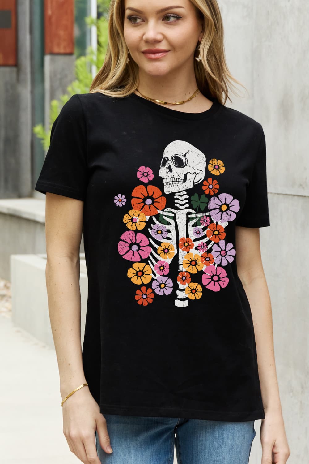 Simply Love Simply Love Skeleton & Flower Graphic Cotton Tee