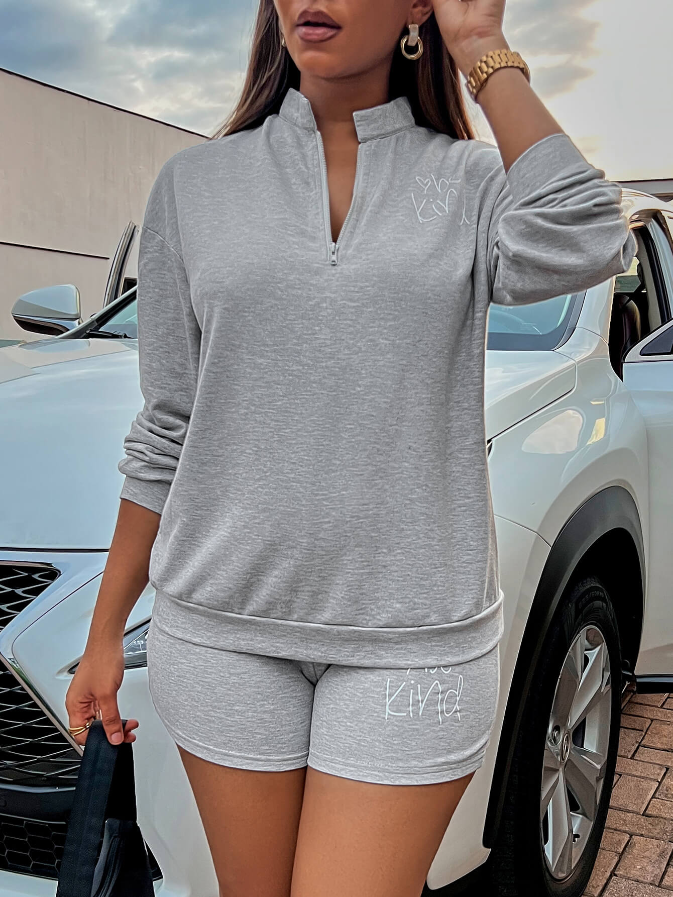 BE KIND Graphic Quarter-Zip Sweatshirt and Shorts Set Trendsi