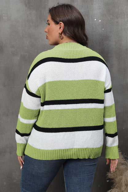 Plus+ Striped V-Neck Dropped Shoulder Sweater