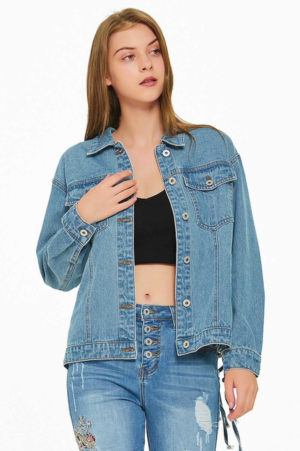 Cutout Back Tassel Denim Jacket Trendsi