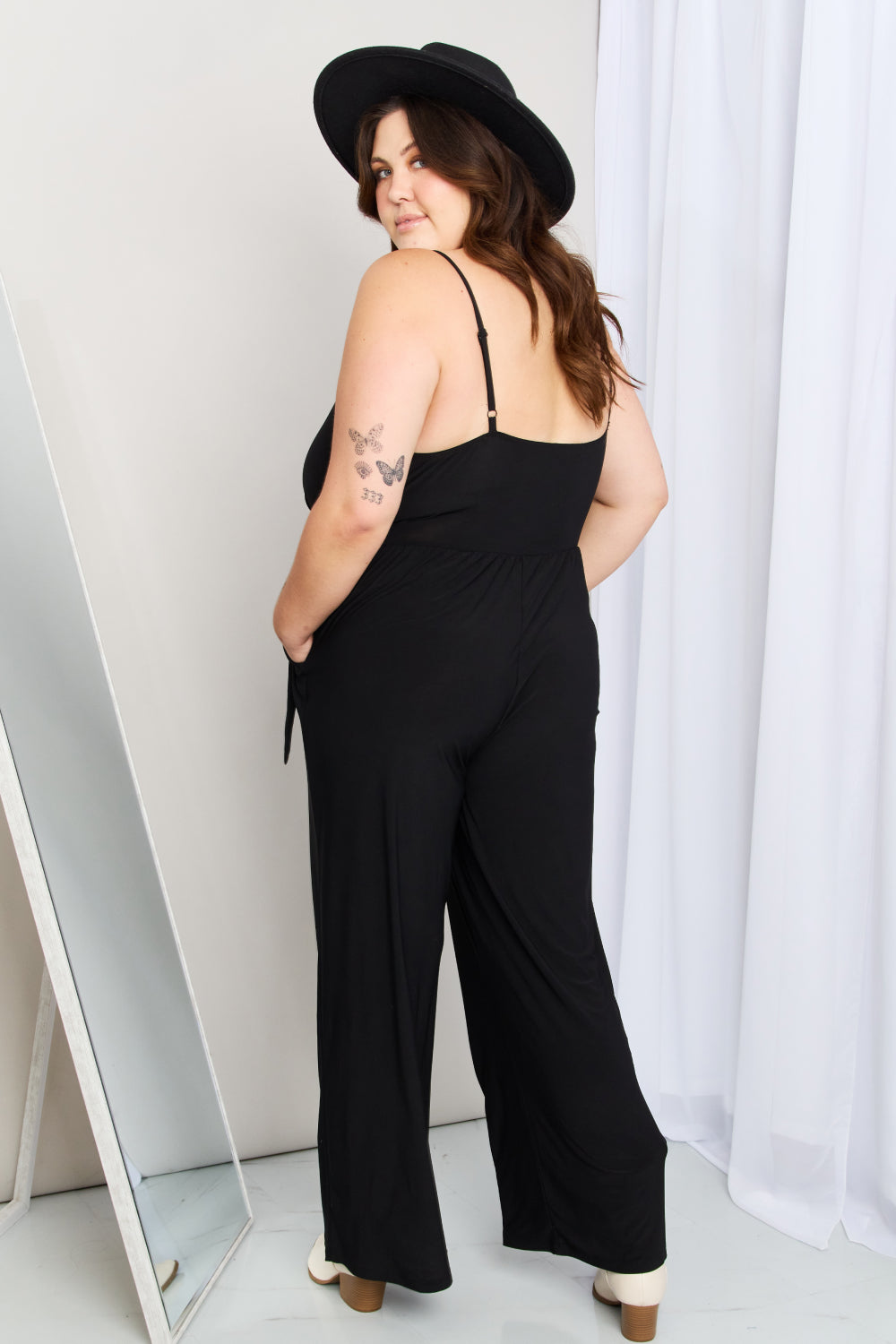 Tied Spaghetti Strap Surplice Jumpsuit in Black Trendsi