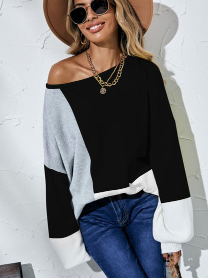 Color Block Balloon Sleeve Boat Neck Sweater