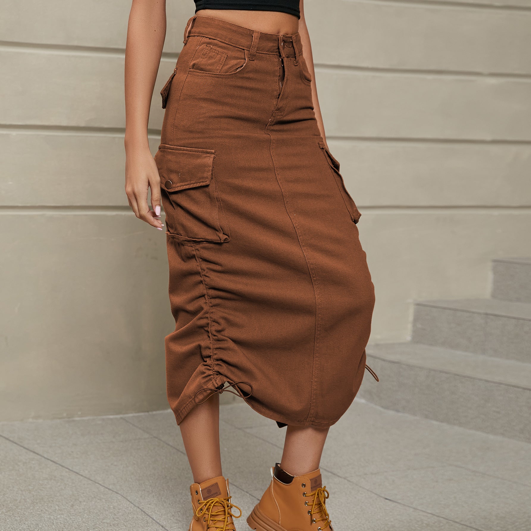 Drawstring Ruched Slit Denim Midi Skirt Trendsi