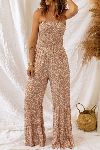 Floral Spaghetti Strap Smocked Wide Leg Jumpsuit Trendsi