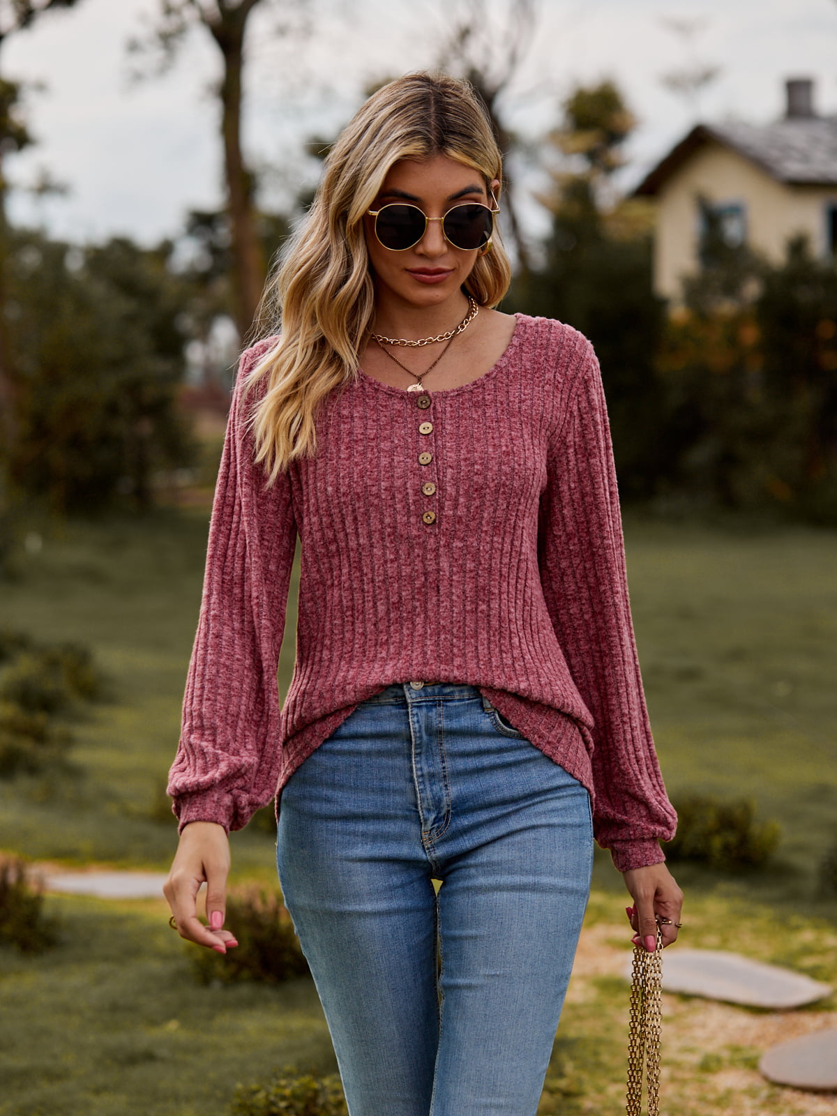 Round Neck Button-Down Long Sleeve Tee