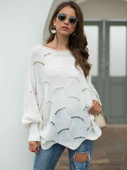 Boat Neck Lantern Sleeve Openwork Knit Top