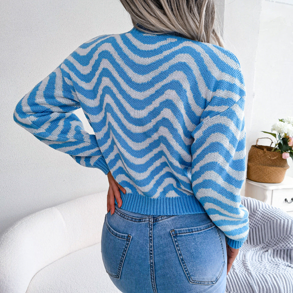 Wavy Stripe Dropped Shoulder Sweater Trendsi