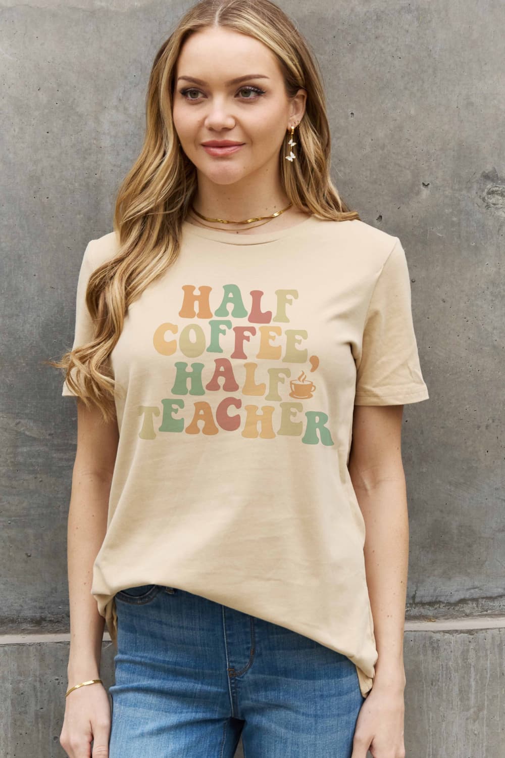 Simply Love HALF COFFEE HALF TEACHER Graphic Cotton Tee