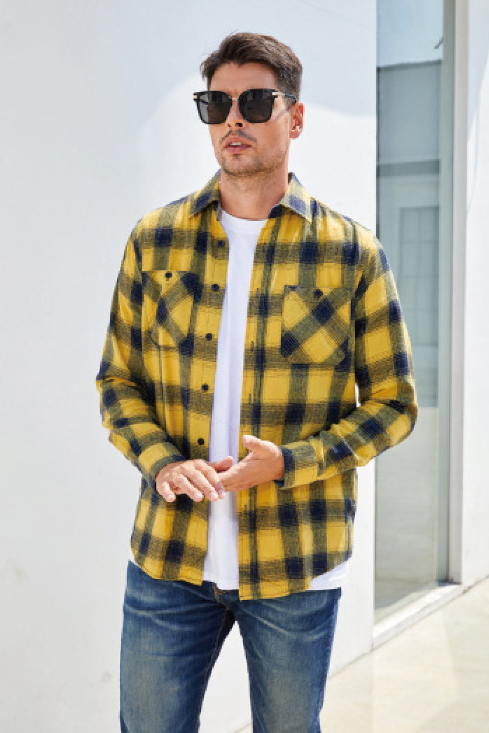 Men's Plaid Button Front Long Sleeve Shirt with Breast Pockets Trendsi