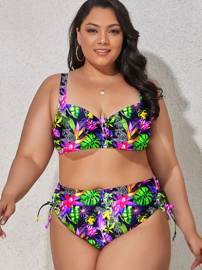 Gem Plus Printed Drawstring Detail Bikini Set Trendsi