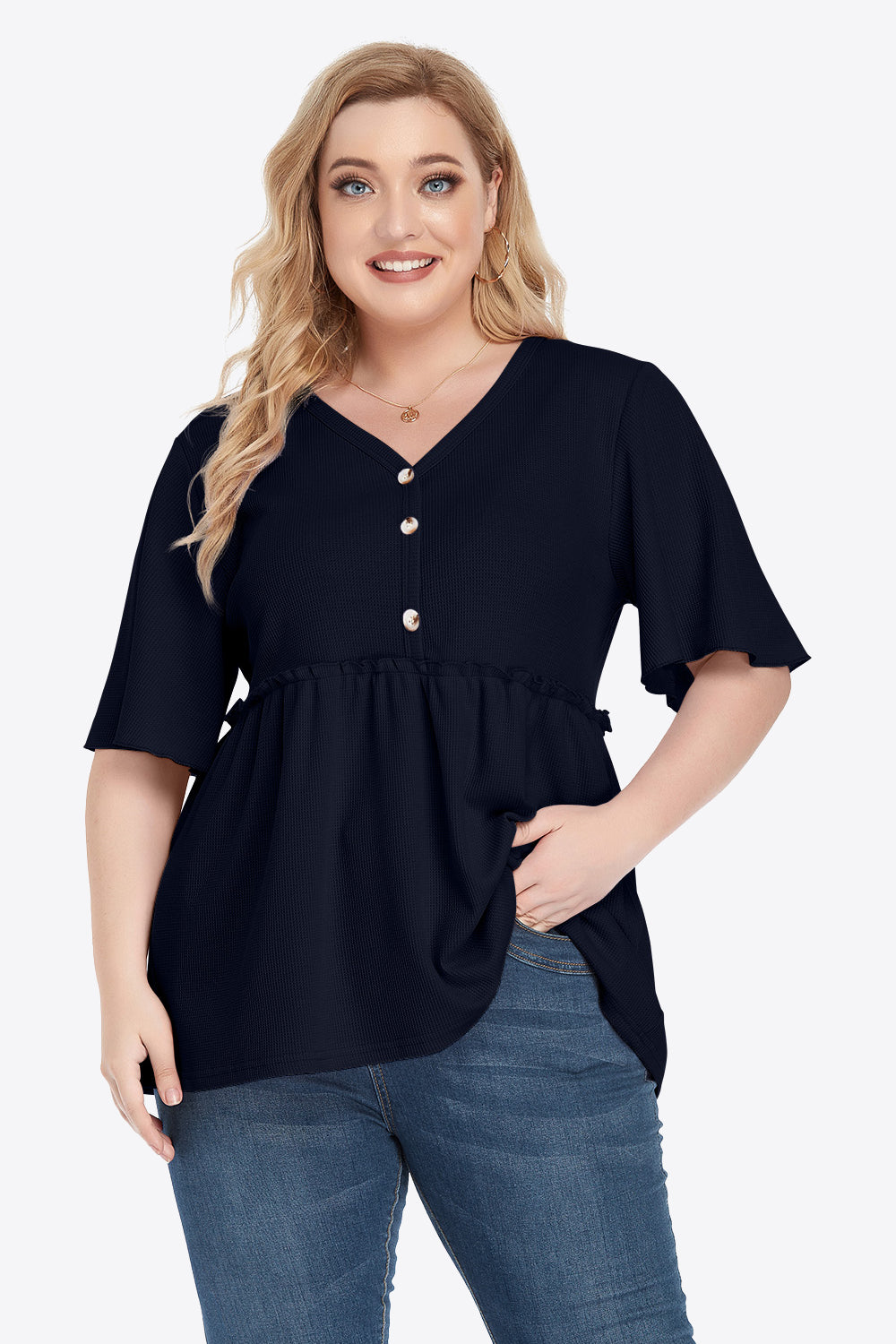 Gem Plus+ Buttoned V-Neck Frill Trim Doll Blouse