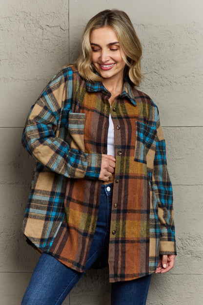 Double Take Plaid Curved Hem Shirt Jacket with Pockets