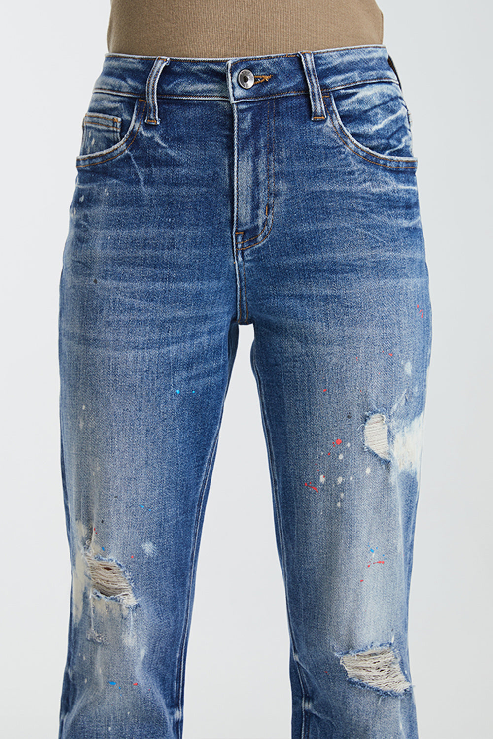 BAYEAS High Waist Distressed Paint Splatter Pattern Jeans