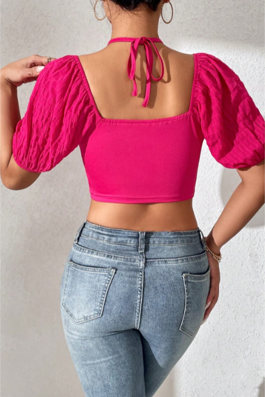 Cropped Halter Neck Tie Back Blouse Trendsi