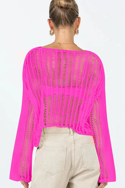 Openwork Boat Neck Long Sleeve Top Trendsi