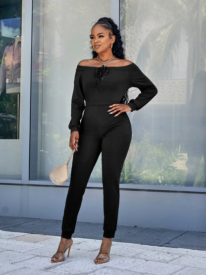 Lace-Up Off-Shoulder Long Sleeve Jumpsuit Trendsi