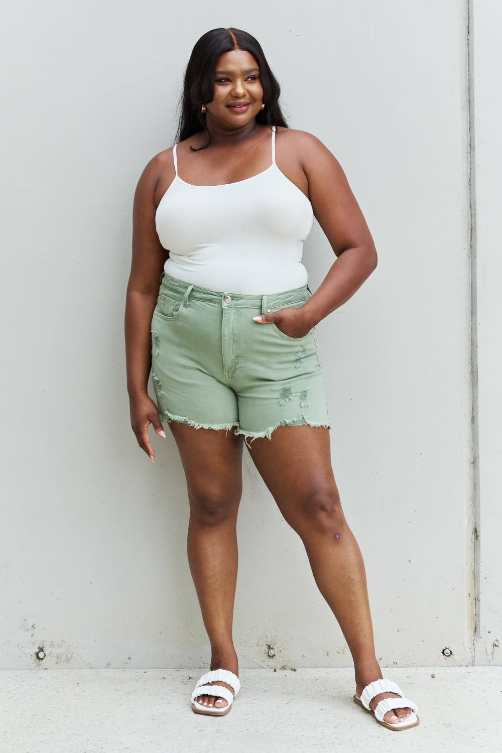 RISEN Katie  High Waisted Distressed Shorts in Gum Leaf