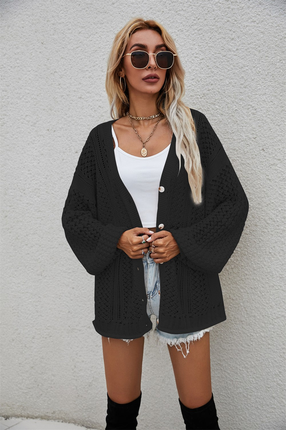 Openwork V-Neck Dropped Shoulder Cardigan