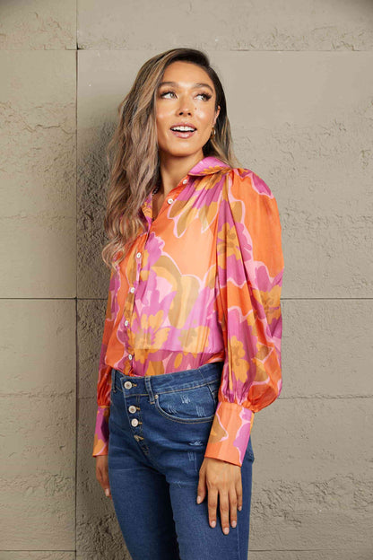 Double Take Flower Print Collared Neck Lantern Sleeve Shirt