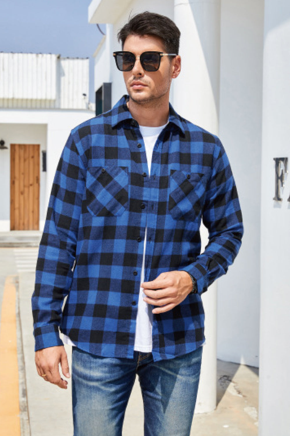 Men's Plaid Button Front Long Sleeve Shirt with Breast Pockets Trendsi