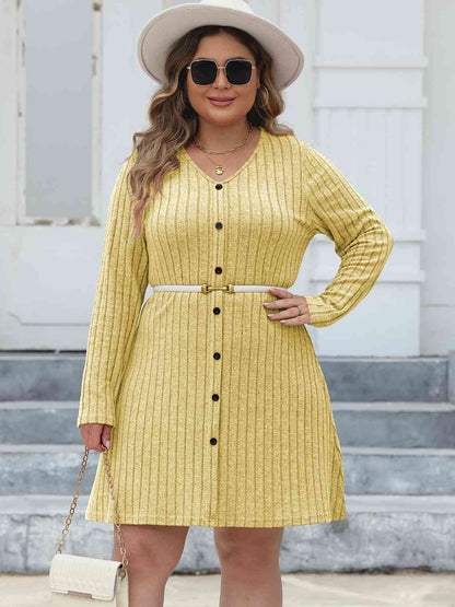 Plus+ Ribbed Buttoned V-Neck Long Sleeve Dress