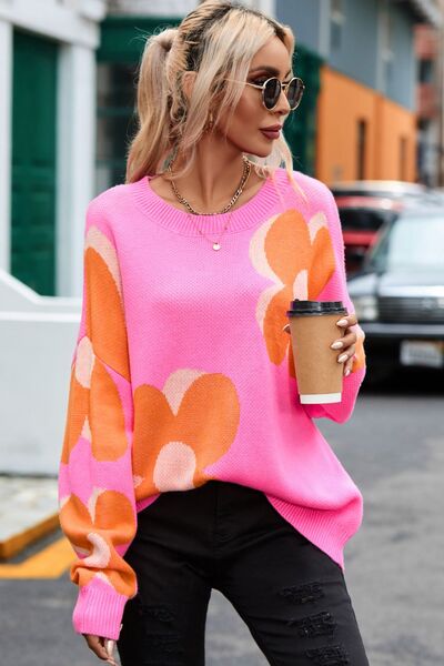 Flower Round Neck Dropped Shoulder Sweater